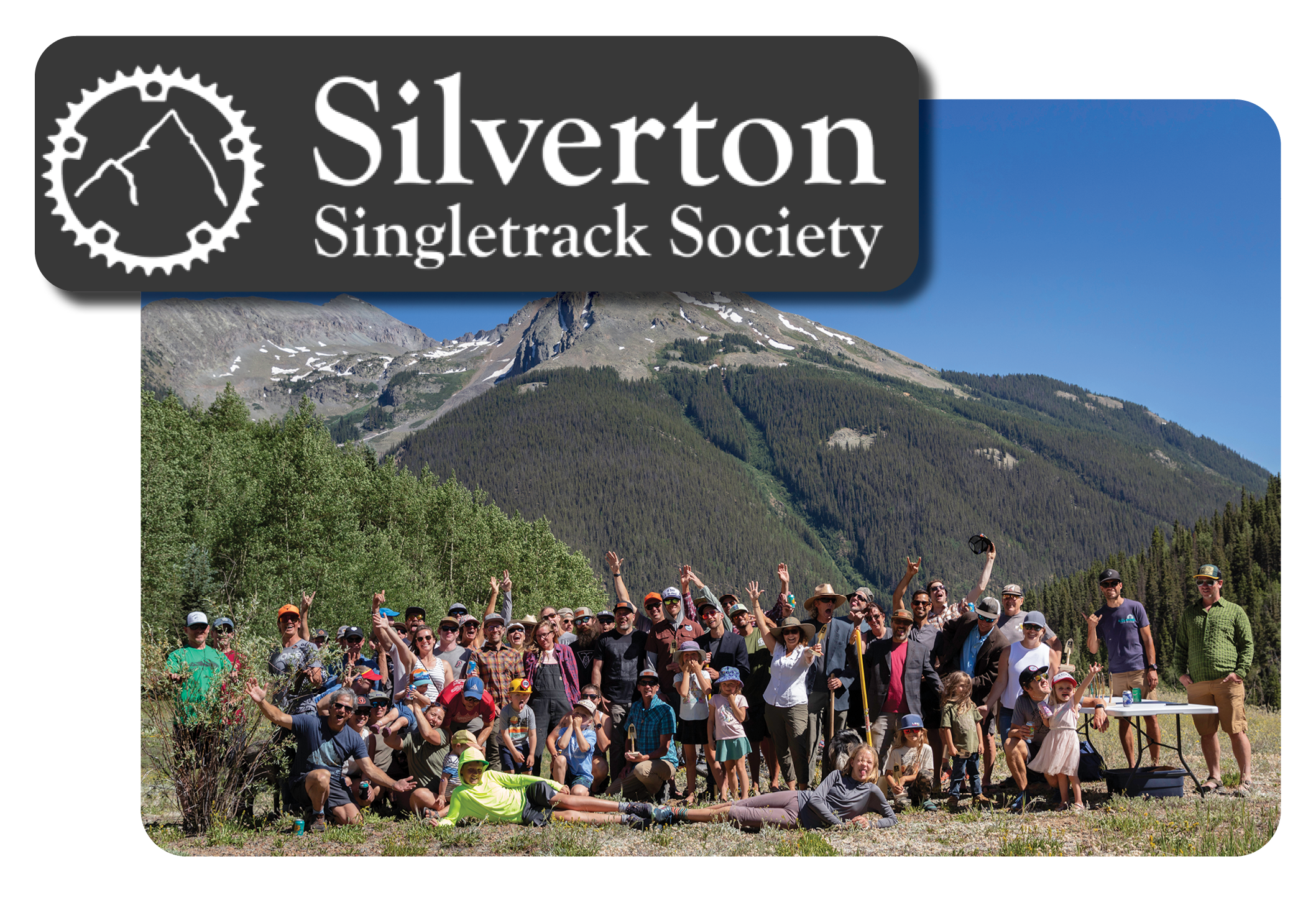 Baker's Park Volunteer Trailbuilders celebrate the trail opening and Silverton Singletrack Logo
