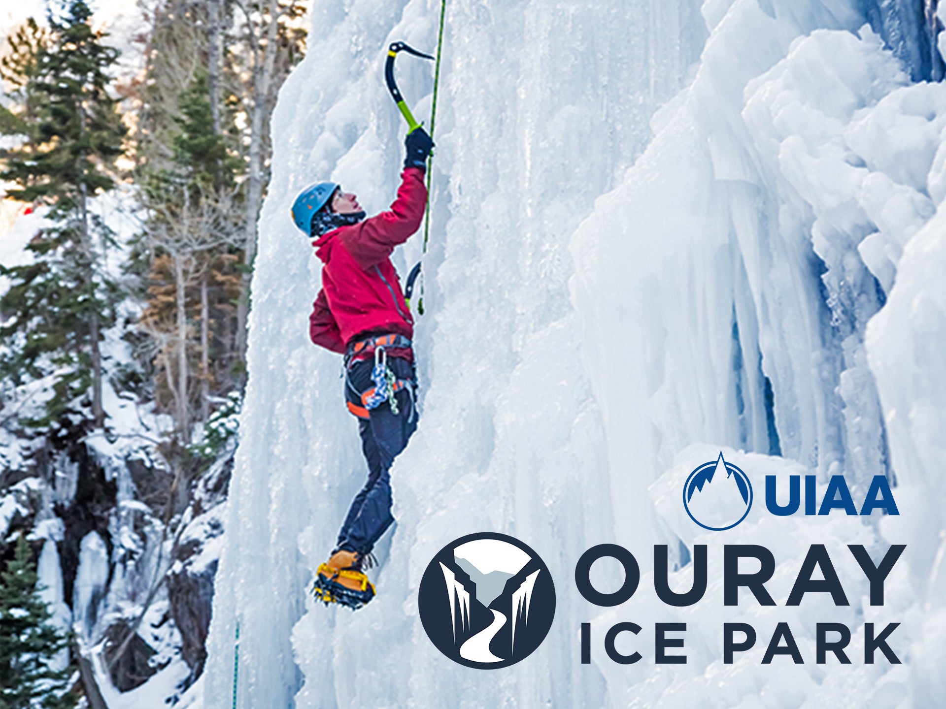 Ouray Ice Park Climber with Ice Park and UIAA Logos