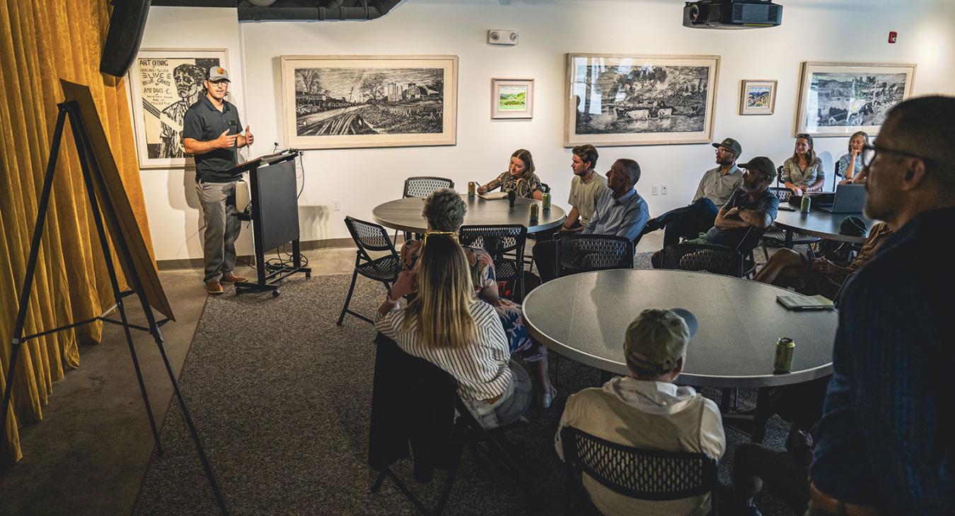 Ridgway Town Manager, Preston Neill speaks at the Celebration of the Decker Community Resiliency Hub